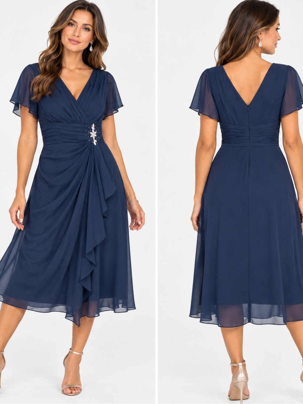 Navy Blue Chiffon Ruched Draped Midi Dress Size 12 Formal Wedding Guest